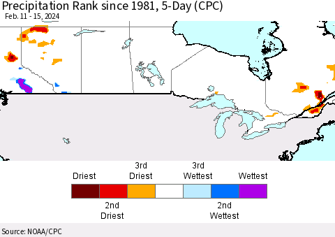 Canada Precipitation Rank since 1981, 5-Day (CPC) Thematic Map For 2/11/2024 - 2/15/2024