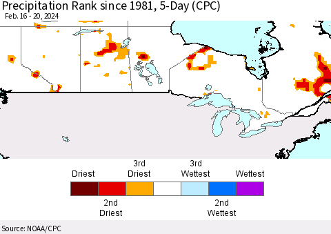 Canada Precipitation Rank since 1981, 5-Day (CPC) Thematic Map For 2/16/2024 - 2/20/2024