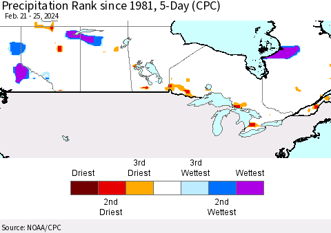Canada Precipitation Rank since 1981, 5-Day (CPC) Thematic Map For 2/21/2024 - 2/25/2024