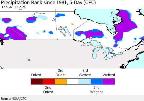 Canada Precipitation Rank since 1981, 5-Day (CPC) Thematic Map For 2/26/2024 - 2/29/2024