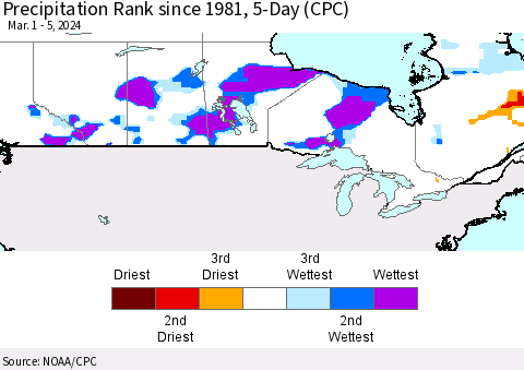 Canada Precipitation Rank since 1981, 5-Day (CPC) Thematic Map For 3/1/2024 - 3/5/2024