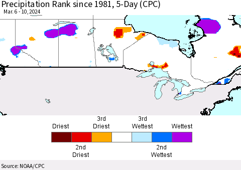 Canada Precipitation Rank since 1981, 5-Day (CPC) Thematic Map For 3/6/2024 - 3/10/2024