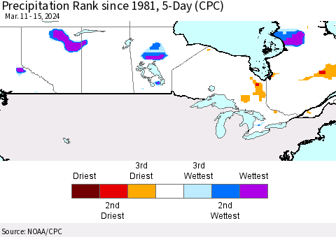 Canada Precipitation Rank since 1981, 5-Day (CPC) Thematic Map For 3/11/2024 - 3/15/2024