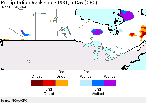 Canada Precipitation Rank since 1981, 5-Day (CPC) Thematic Map For 3/16/2024 - 3/20/2024