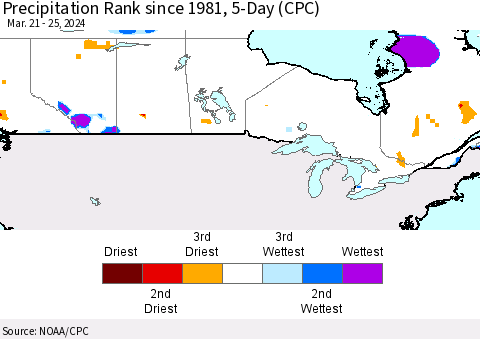 Canada Precipitation Rank since 1981, 5-Day (CPC) Thematic Map For 3/21/2024 - 3/25/2024