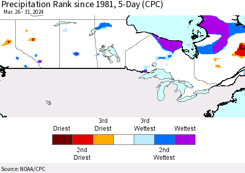 Canada Precipitation Rank since 1981, 5-Day (CPC) Thematic Map For 3/26/2024 - 3/31/2024
