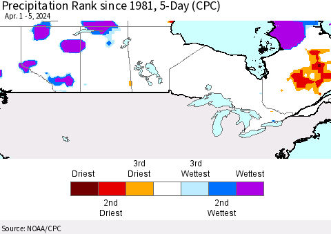Canada Precipitation Rank since 1981, 5-Day (CPC) Thematic Map For 4/1/2024 - 4/5/2024