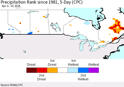 Canada Precipitation Rank since 1981, 5-Day (CPC) Thematic Map For 4/6/2024 - 4/10/2024