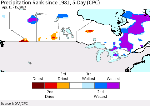 Canada Precipitation Rank since 1981, 5-Day (CPC) Thematic Map For 4/11/2024 - 4/15/2024
