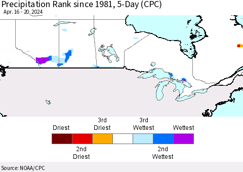 Canada Precipitation Rank since 1981, 5-Day (CPC) Thematic Map For 4/16/2024 - 4/20/2024