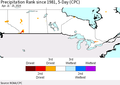 Canada Precipitation Rank since 1981, 5-Day (CPC) Thematic Map For 4/21/2024 - 4/25/2024