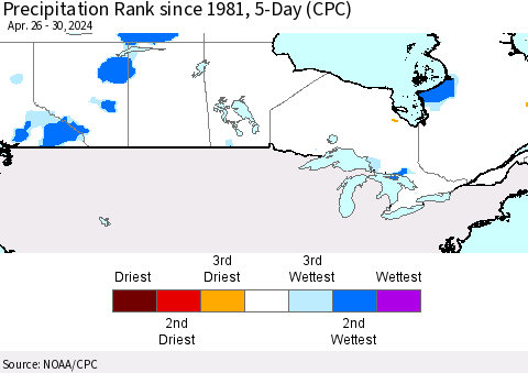 Canada Precipitation Rank since 1981, 5-Day (CPC) Thematic Map For 4/26/2024 - 4/30/2024