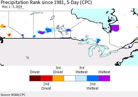 Canada Precipitation Rank since 1981, 5-Day (CPC) Thematic Map For 5/1/2024 - 5/5/2024