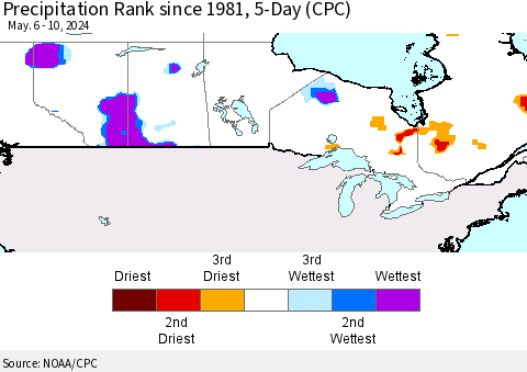 Canada Precipitation Rank since 1981, 5-Day (CPC) Thematic Map For 5/6/2024 - 5/10/2024