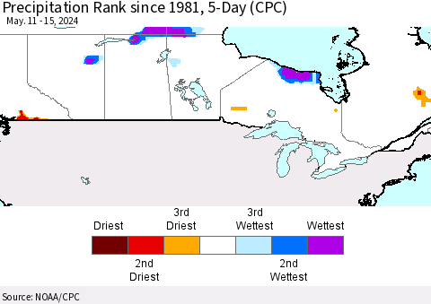 Canada Precipitation Rank since 1981, 5-Day (CPC) Thematic Map For 5/11/2024 - 5/15/2024