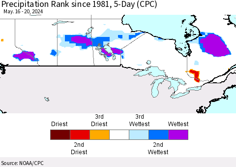 Canada Precipitation Rank since 1981, 5-Day (CPC) Thematic Map For 5/16/2024 - 5/20/2024