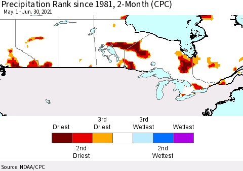 Canada Precipitation Rank since 1981, 2-Month (CPC) Thematic Map For 5/1/2021 - 6/30/2021