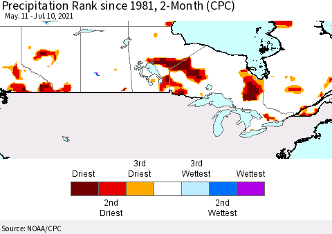 Canada Precipitation Rank since 1981, 2-Month (CPC) Thematic Map For 5/11/2021 - 7/10/2021