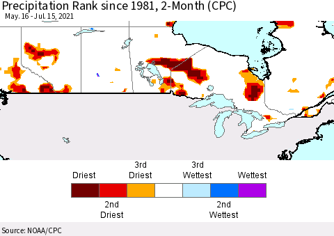 Canada Precipitation Rank since 1981, 2-Month (CPC) Thematic Map For 5/16/2021 - 7/15/2021