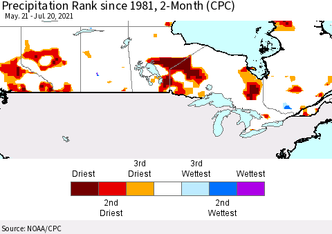 Canada Precipitation Rank since 1981, 2-Month (CPC) Thematic Map For 5/21/2021 - 7/20/2021