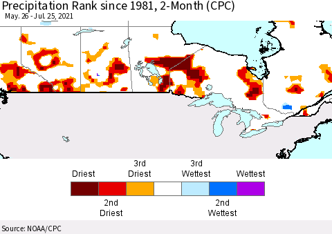 Canada Precipitation Rank since 1981, 2-Month (CPC) Thematic Map For 5/26/2021 - 7/25/2021