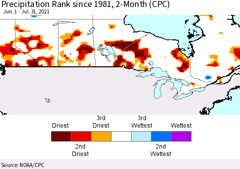 Canada Precipitation Rank since 1981, 2-Month (CPC) Thematic Map For 6/1/2021 - 7/31/2021