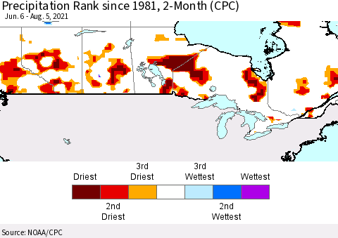 Canada Precipitation Rank since 1981, 2-Month (CPC) Thematic Map For 6/6/2021 - 8/5/2021