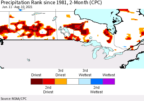 Canada Precipitation Rank since 1981, 2-Month (CPC) Thematic Map For 6/11/2021 - 8/10/2021