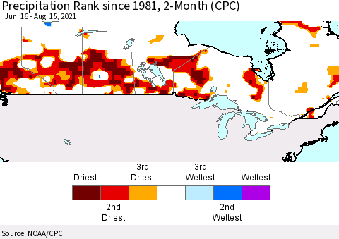 Canada Precipitation Rank since 1981, 2-Month (CPC) Thematic Map For 6/16/2021 - 8/15/2021