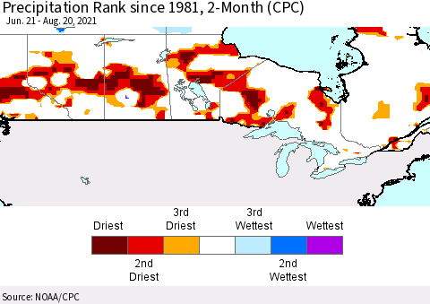 Canada Precipitation Rank since 1981, 2-Month (CPC) Thematic Map For 6/21/2021 - 8/20/2021
