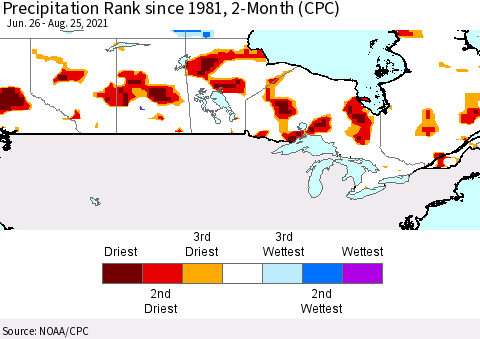 Canada Precipitation Rank since 1981, 2-Month (CPC) Thematic Map For 6/26/2021 - 8/25/2021