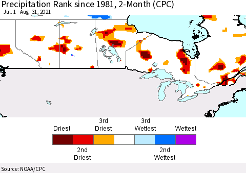 Canada Precipitation Rank since 1981, 2-Month (CPC) Thematic Map For 7/1/2021 - 8/31/2021