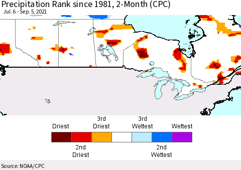 Canada Precipitation Rank since 1981, 2-Month (CPC) Thematic Map For 7/6/2021 - 9/5/2021