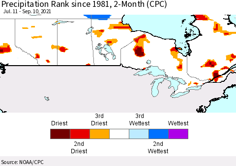 Canada Precipitation Rank since 1981, 2-Month (CPC) Thematic Map For 7/11/2021 - 9/10/2021