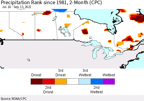 Canada Precipitation Rank since 1981, 2-Month (CPC) Thematic Map For 7/16/2021 - 9/15/2021