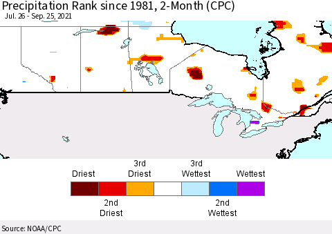 Canada Precipitation Rank since 1981, 2-Month (CPC) Thematic Map For 7/26/2021 - 9/25/2021