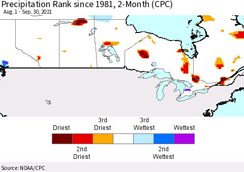 Canada Precipitation Rank since 1981, 2-Month (CPC) Thematic Map For 8/1/2021 - 9/30/2021