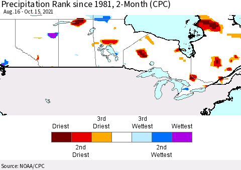 Canada Precipitation Rank since 1981, 2-Month (CPC) Thematic Map For 8/16/2021 - 10/15/2021