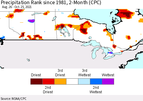 Canada Precipitation Rank since 1981, 2-Month (CPC) Thematic Map For 8/26/2021 - 10/25/2021