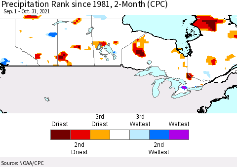 Canada Precipitation Rank since 1981, 2-Month (CPC) Thematic Map For 9/1/2021 - 10/31/2021