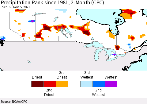 Canada Precipitation Rank since 1981, 2-Month (CPC) Thematic Map For 9/6/2021 - 11/5/2021