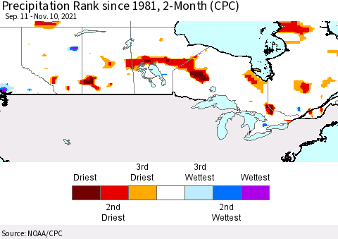 Canada Precipitation Rank since 1981, 2-Month (CPC) Thematic Map For 9/11/2021 - 11/10/2021