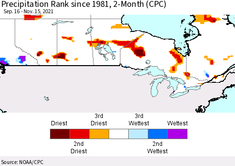 Canada Precipitation Rank since 1981, 2-Month (CPC) Thematic Map For 9/16/2021 - 11/15/2021