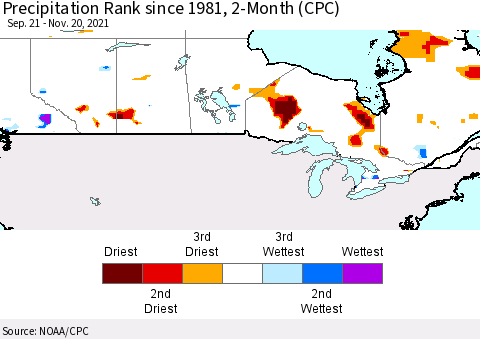 Canada Precipitation Rank since 1981, 2-Month (CPC) Thematic Map For 9/21/2021 - 11/20/2021