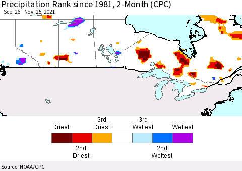 Canada Precipitation Rank since 1981, 2-Month (CPC) Thematic Map For 9/26/2021 - 11/25/2021