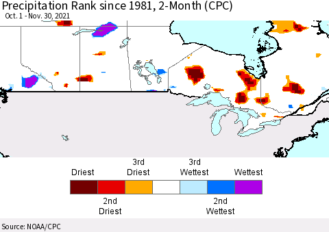 Canada Precipitation Rank since 1981, 2-Month (CPC) Thematic Map For 10/1/2021 - 11/30/2021