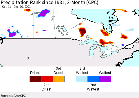 Canada Precipitation Rank since 1981, 2-Month (CPC) Thematic Map For 10/11/2021 - 12/10/2021