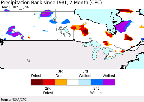 Canada Precipitation Rank since 1981, 2-Month (CPC) Thematic Map For 11/1/2021 - 12/31/2021