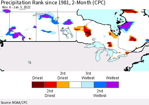 Canada Precipitation Rank since 1981, 2-Month (CPC) Thematic Map For 11/6/2021 - 1/5/2022