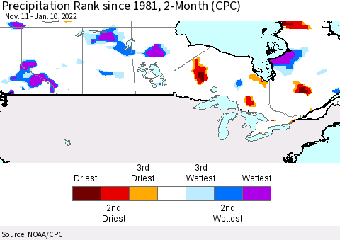 Canada Precipitation Rank since 1981, 2-Month (CPC) Thematic Map For 11/11/2021 - 1/10/2022